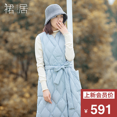 裙居蓝色白鸭绒小个子轻薄羽绒服女冬2018新款中长款马甲过膝外套商品大图
