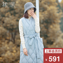 裙居蓝色白鸭绒小个子轻薄羽绒服女冬2018新款中长款马甲过膝外套图片