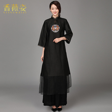 香薇姿2018秋季真丝香云纱连衣裙中老年复古妈妈装大码桑蚕丝裙子图片