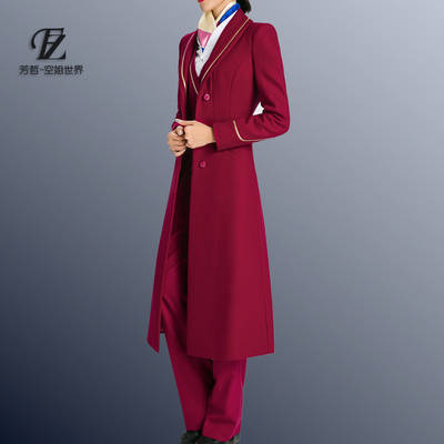 南航空姐制服款毛呢外套酒店前台呢子大衣玫红色超长过膝款冬装女
