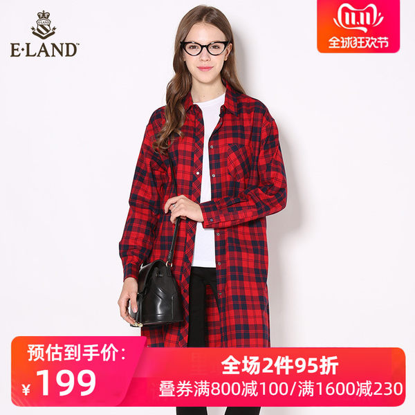 ELAND衣恋休闲时尚格纹中长款长袖衬衫外套女EEYC64953M