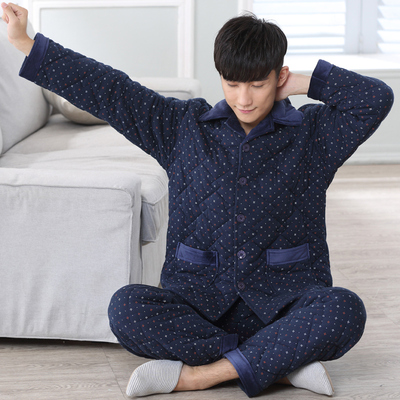 男士睡衣冬季加厚夹棉纯棉中老年人爸爸中年保暖秋冬款家居服套装