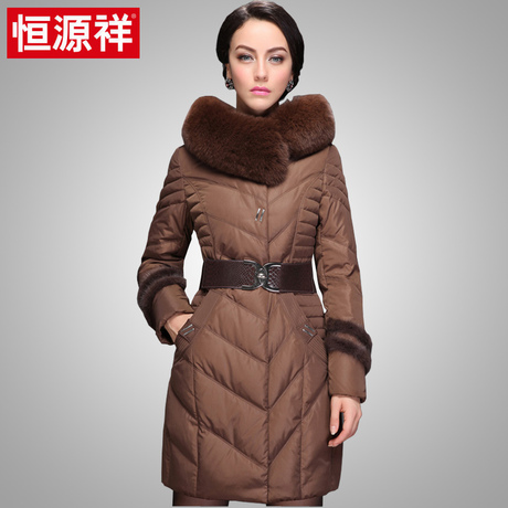 恒源祥女士中长款羽绒服女修身保暖大毛领加厚妈妈装大衣冬装清仓商品大图