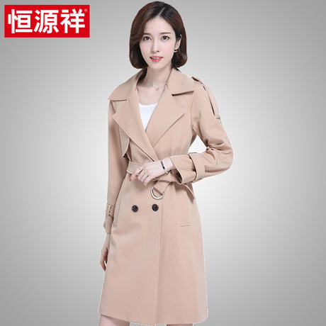 恒源祥2018春季新品女士风衣中长款纯色上衣双排扣百搭气质外套女商品大图