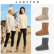 雪地靴女鞋 2018新款 JUSTTER 冬季牛皮女靴中筒靴子加厚底雪地棉平