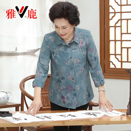 yaloo/雅鹿中老年女装妈妈七分袖翻领衬衫宽松大码短袖上衣打底衫商品大图