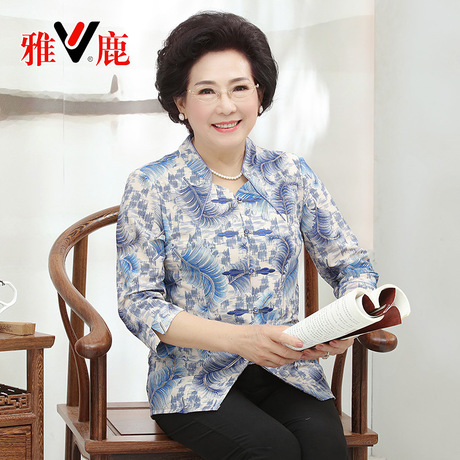 yaloo/雅鹿中老年女装妈妈七分袖立领衬衫宽松大码短袖上衣打底衫商品大图