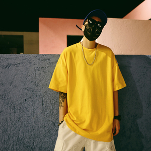 夏季韩国OVERSIZE宽松落肩短袖T恤男女bf风圆领嘻哈纯色半袖TEE潮