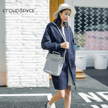 CLOUDSPACE女装韩版宽松休闲风衣外套女中长款藏青外套F5085商品大图