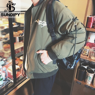 sundipy冬季男士宽松棉衣外套休闲欧美时尚绑带潮男夹薄棉外套男