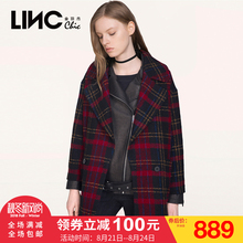 LINC金羽杰2017秋装新款时尚格子毛呢外套女宽松毛呢大衣7360201图片