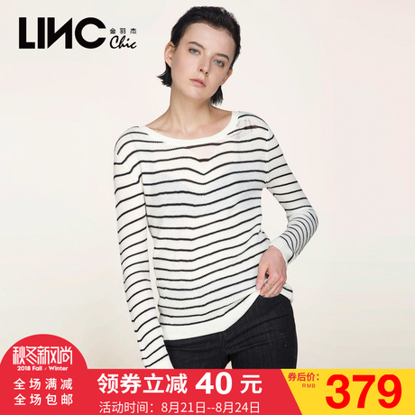 金羽杰LINC2017秋装新款破洞条纹衫100%羊毛衫女套头短款7372102商品大图