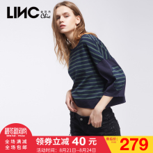LINC金羽杰2017夏装新款纯棉落肩五分袖条纹短袖T恤女宽松7211408图片