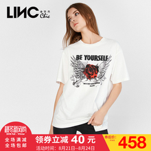 LINC金羽杰2018秋新款植绒亮片拼接羽翼玫瑰短袖T恤女宽松8321360图片