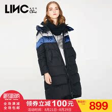 LINC金羽杰冬装新款时尚街头运动风撞色拼接长款羽绒服女连帽加厚图片