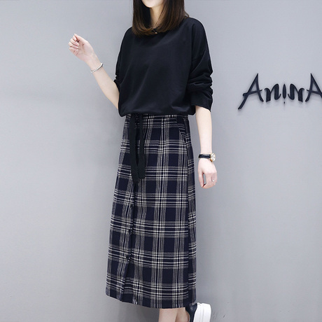 洋气套装大码女装秋装新款韩版宽松中长款两件套蝴蝶结格子连衣裙商品大图