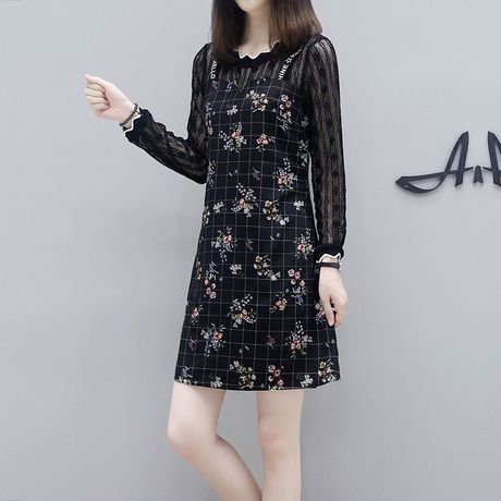大码女装秋2018新款韩版格子背带假两件宽松显瘦胖mm碎花连衣裙女商品大图