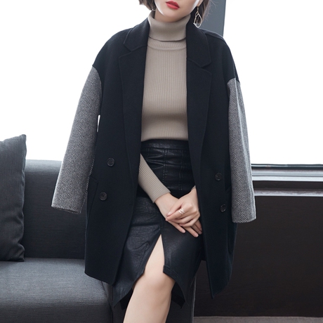 双面呢零羊绒大衣女中长款2018新款秋冬季高端女装撞色羊毛呢外套商品大图
