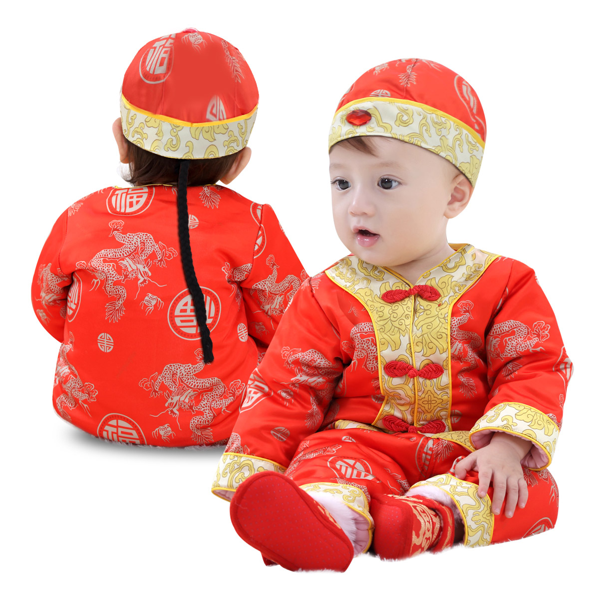 宝宝唐装冬加厚过年喜庆婴儿红色唐装满月满百