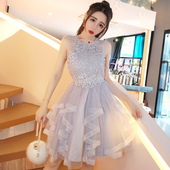 夏季女装2018新款甜美气质圆领网纱无袖显瘦伴娘服蓬蓬连衣裙仙气