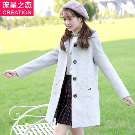 流星之恋呢子大衣女中长款学生秋季新款初中生冬装毛呢外套学院风商品大图