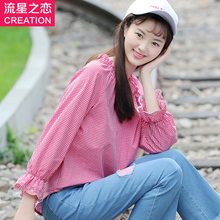2018春秋季衬衣新款少女韩版宽松格子衬衫初中学生秋装上衣学院风图片