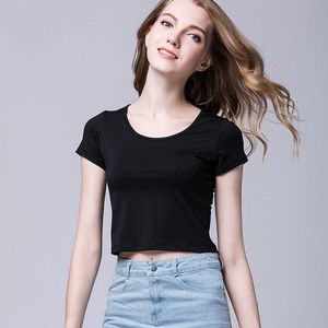 莫代尔棉露脐短款T恤女短袖圆领黑色打底衫夏纯色漏肚脐高腰上衣