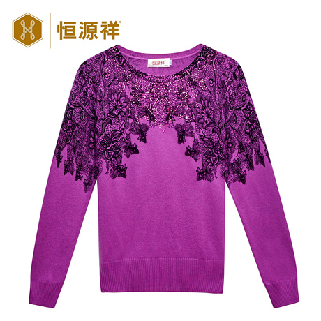 恒源祥蕾丝印花羊绒衫女秋冬季中老年妈妈装长袖圆领针织套头毛衣商品大图