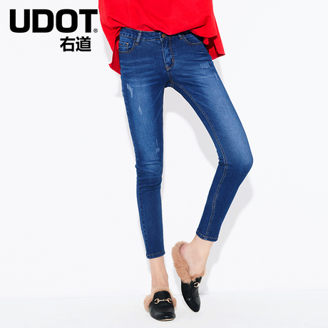 UDOT右道2018春新款中腰紧身小脚裤棉弹牛仔裤女韩版修身UU6149商品大图
