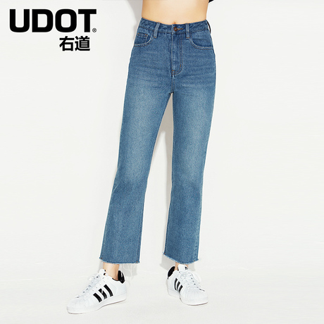 UDOT右道2018夏高腰直筒裤脚口毛边磨白宽松休闲牛仔裤女UU6491商品大图