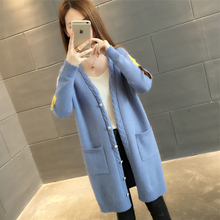秋装新品2018女装中长款针织衫宽松韩版开衫V领百搭长袖毛衣外套