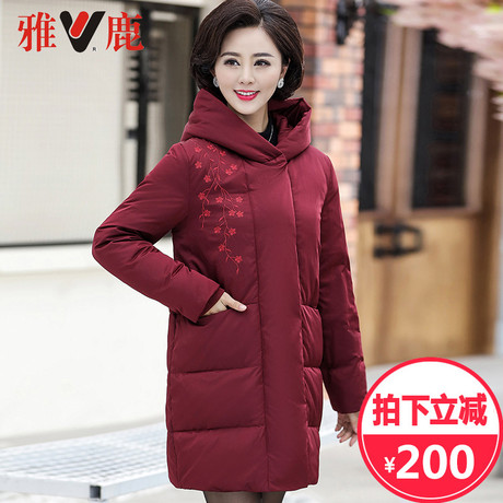 雅鹿中老年羽绒服女中长款2018新款冬装刺绣妈妈装中国风纯色外套商品大图