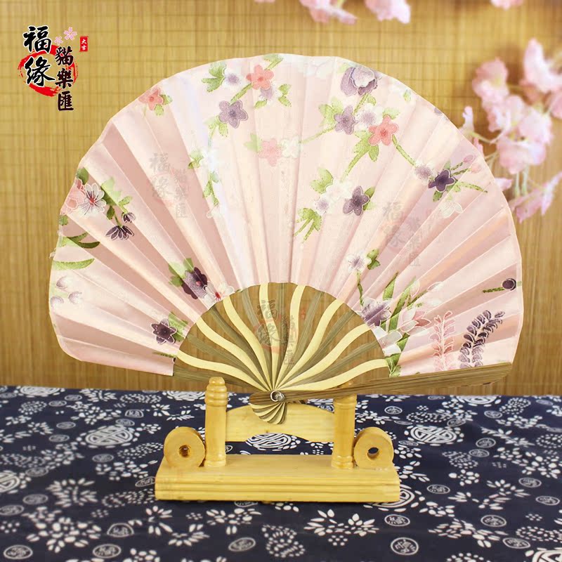 日式招财猫背景扇子一套精美扇子架和风樱花紫