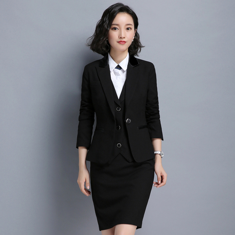 秋冬季职业装女装套装气质长袖面试西装正装工作服三件套马甲套裙商品大图