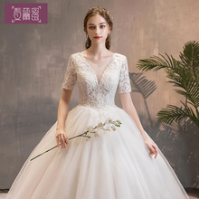 拖尾婚纱女2019新款 新娘奢华显瘦结婚v领抖音出门纱梦幻主纱赫本