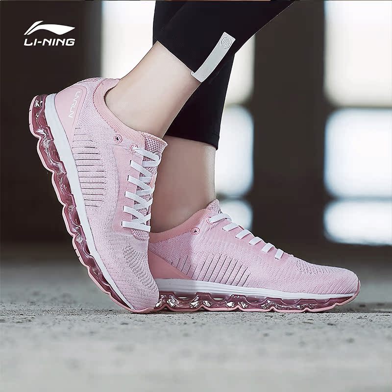 Li Ning Women's Shoes Full length Air Cushion Integrated Weaving Running Shoes New Style Shadowless Shock Absorbing Mesh Breathable Sports Shoes Casual Shoes