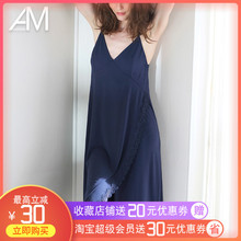 AMO性感蕾丝吊带睡裙女莫代尔睡衣夏季纯棉v领黑色长款 露背大码