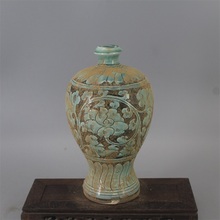 宋磁州窑绿釉刻花梅瓶古董古玩出土老窑瓷收藏全手工仿古瓷器摆件
