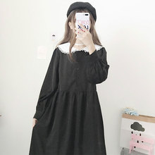 秋冬女装 连衣裙小黑裙萌 日系软妹复古甜美拼色娃娃领绑带收腰长款