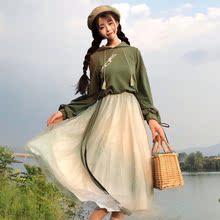 素刺绣绑带连帽卫衣 网纱半身裙套装 软妹中国风复古汉元 秋季女装