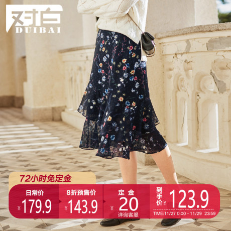 【预售】对白早春新款碎花荷叶边雪纺半身裙女波点层次A字裙商品大图
