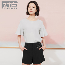 【杜鹃同款】对白荷叶边镂空短袖雪纺衫女2018夏新款气质休闲上衣图片