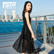 对白雪纺连衣裙女2018夏装新款黑色开叉中长款无袖A字裙腰带裙子图片