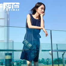 对白2018夏装新款裙子撞色百褶连衣裙女个性时尚腰带无袖雪纺裙子图片