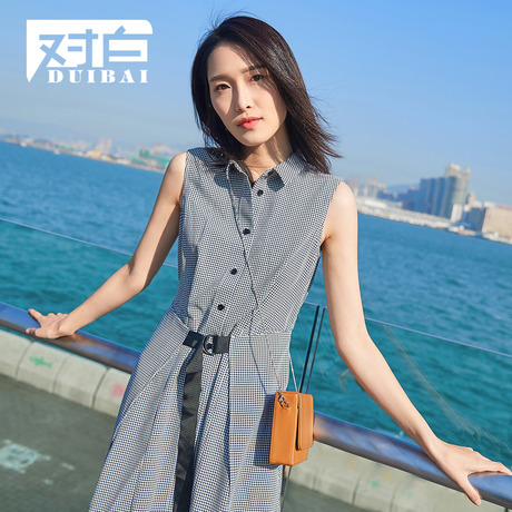 对白格子连衣裙女2018夏季新款无袖格纹衬衫式收腰翻领时尚裙子商品大图