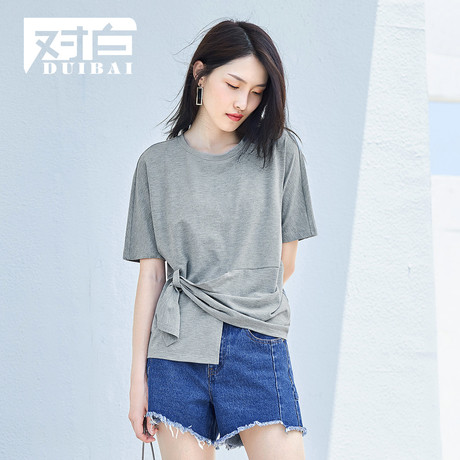 对白不规则短袖T恤女2018新款短袖上衣立体结纯色简约chic打底衫商品大图