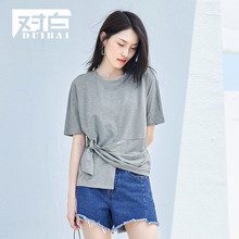 对白不规则短袖T恤女2018新款短袖上衣立体结纯色简约chic打底衫图片