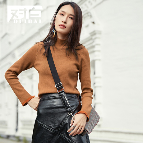【新品7折】对白撞色袖口半高领针织毛衣女冬2018新款弹力上衣服商品大图