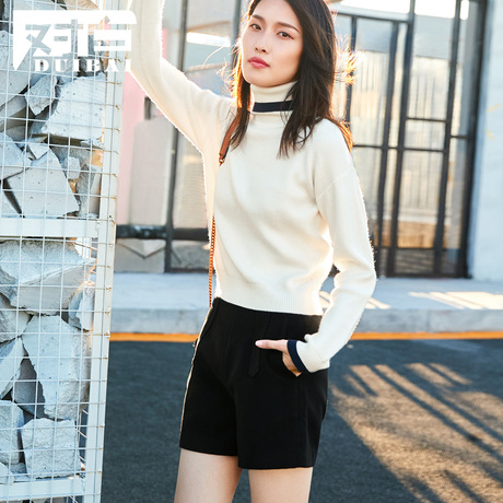 对白拼色弹力高领毛衣女套头2018秋冬新款休闲简约长袖针织打底衫商品大图