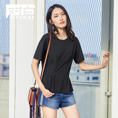 对白褶裥收腰T恤短袖女2018夏季新款基础打底衫简约黑色修身上衣商品大图